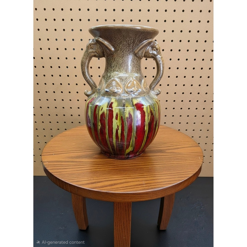 Vintage Elephant Handle Drip Glaze Ceramic Vase Red Green Tan Pottery 9.5in